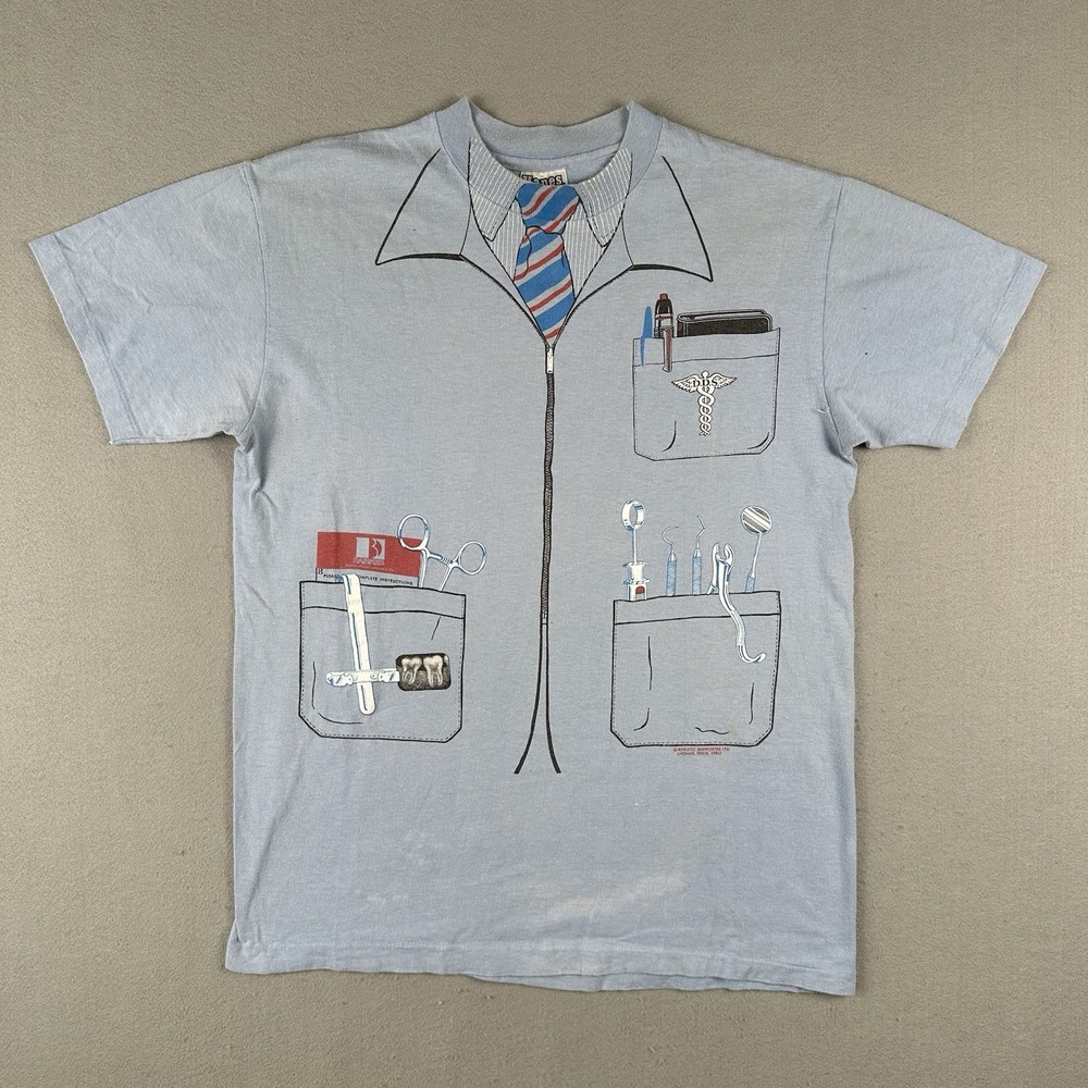 Vintage 80s Dentist Medical Shirt Men's L Blue Athletic Supporter 1980 Costume